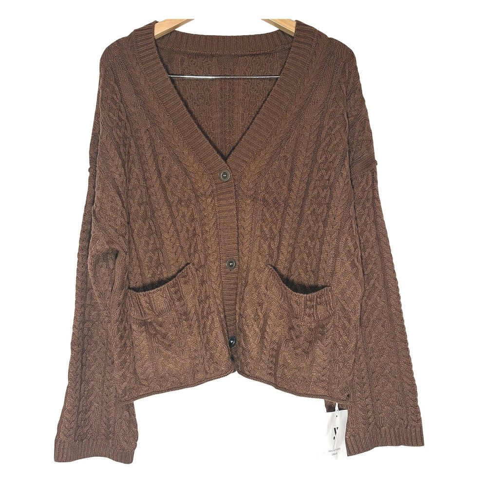 NWT Yousify Brown Cable Knit Cardigan Sweater Oversized‎ V-Neck Button Front